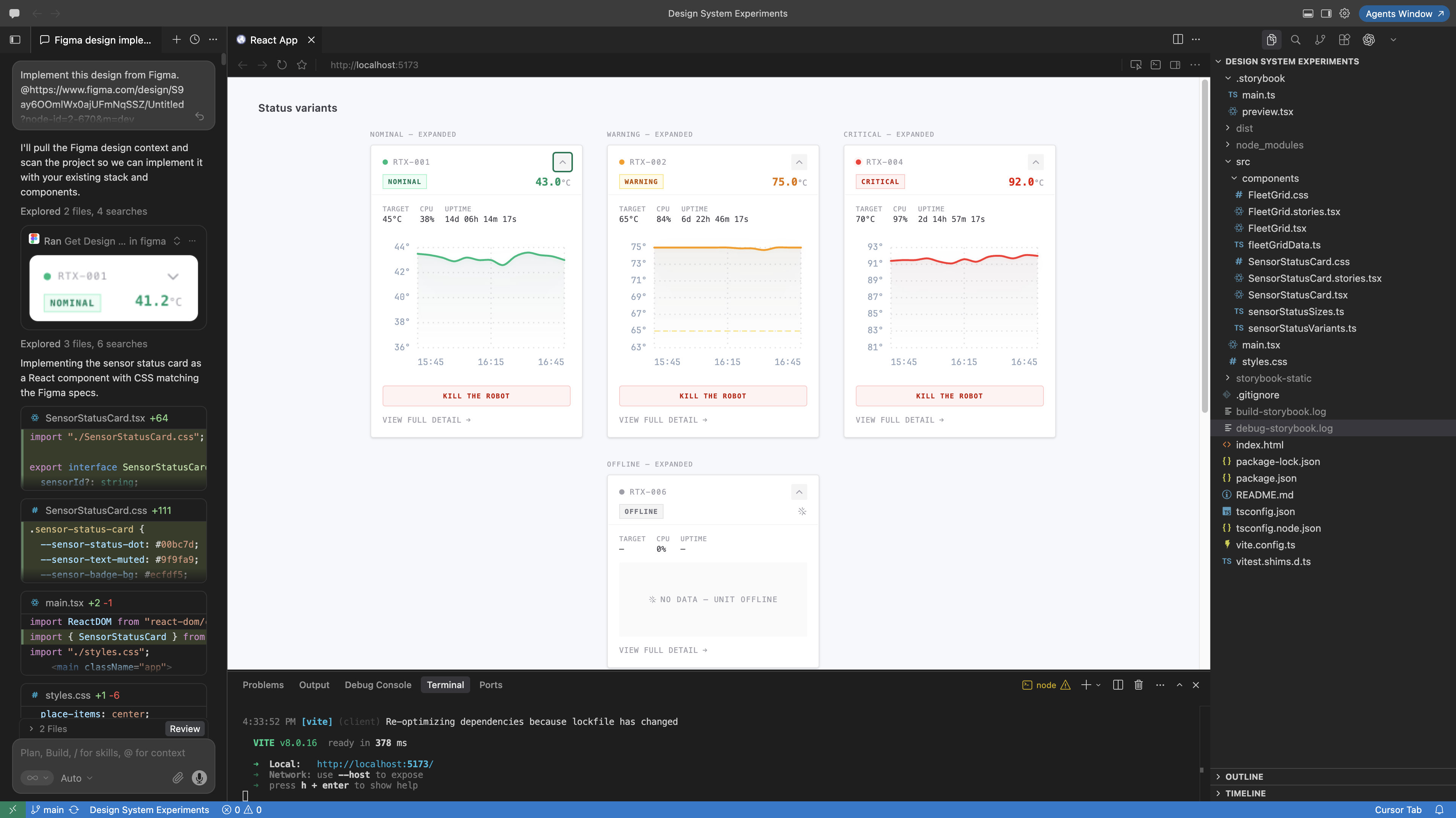 Cursor demo — Figma MCP, agent chat, and SensorStatusCard variants in the browser preview